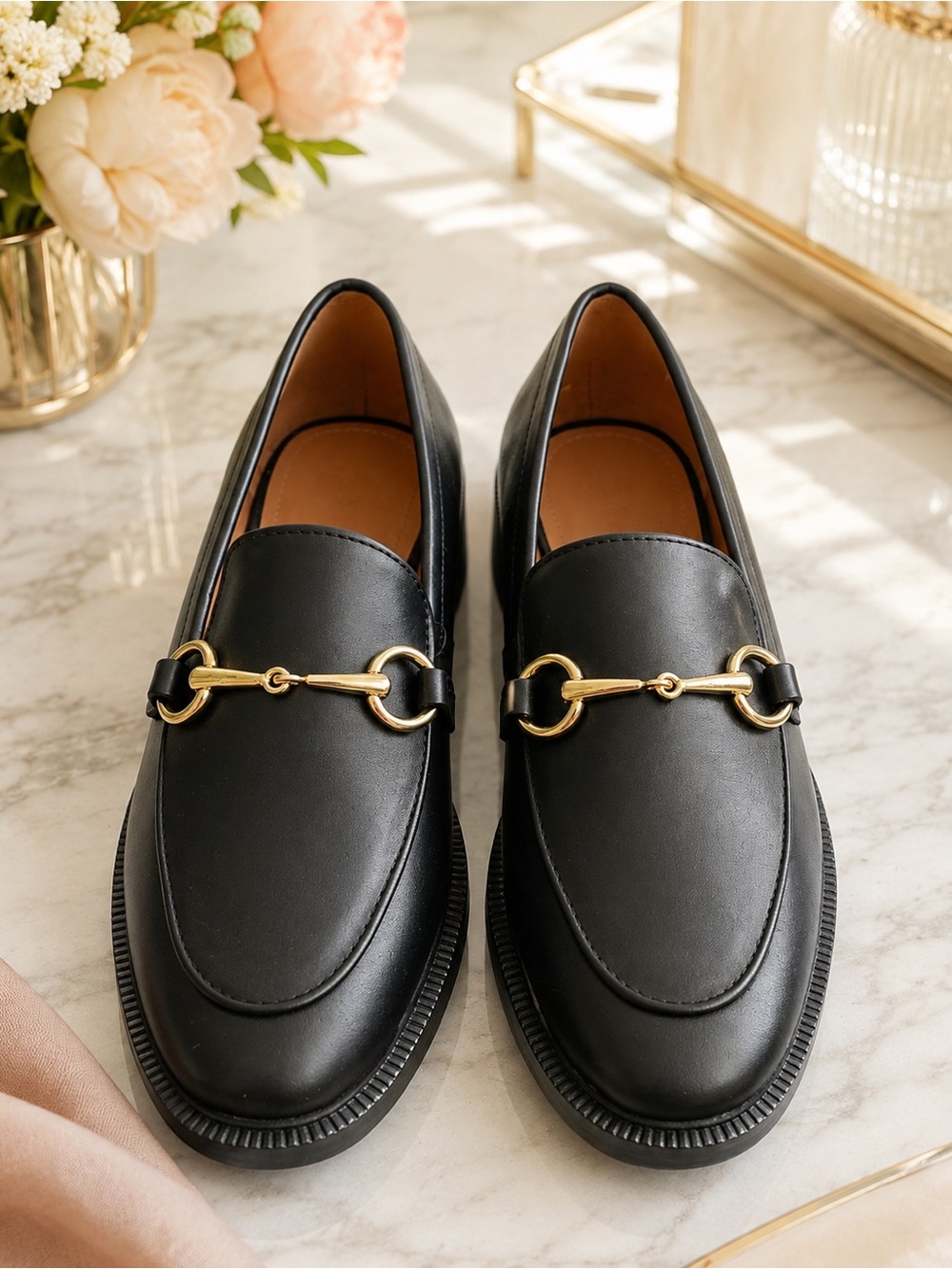 Women's H&M Black Leather Bit Loafers with Gold Hardware
